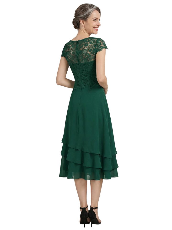 ChicSew Illusion Short Sleeve Lace Overlay Layered Ruffle Chiffon Tea Length Casual Mother Of The Bride And Groom Dresses