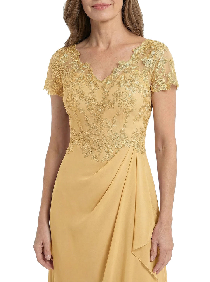 ChicSew V-Neck Short Sleeve Lace Ruched Bodice Ankle Length Chiffon Elegant Mother of the Bride Dresses