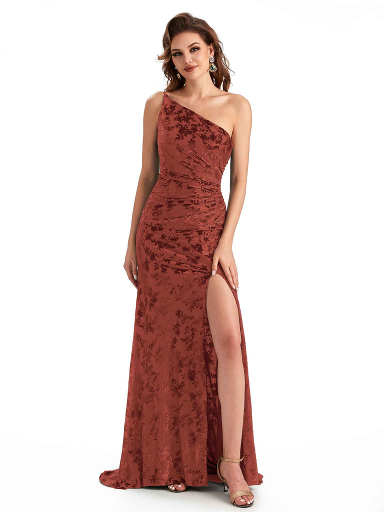 Sexy One Shoulder Side Slit Mermaid Lace Velvet Long Bridesmaid Dresses Online - ChicSew Sexy One Shoulder Side Slit Mermaid Lace Velvet Long Bridesmaid Dresses Online - ChicSew