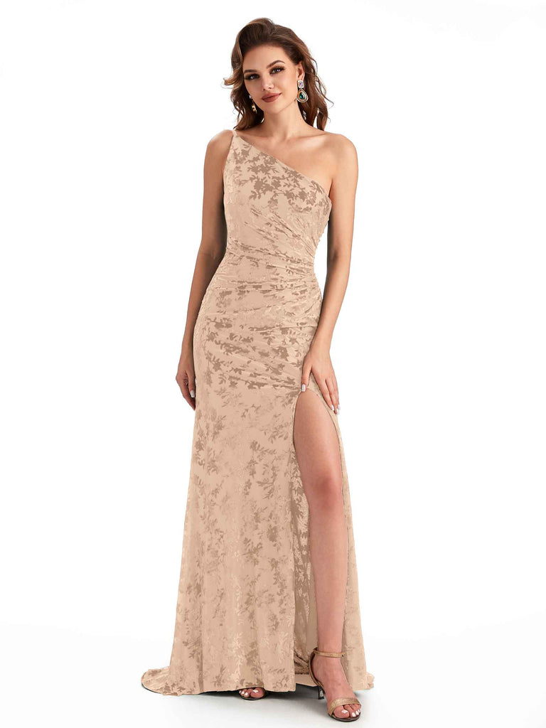 Sexy One Shoulder Side Slit Mermaid Lace Velvet Long Bridesmaid Dresses ...
