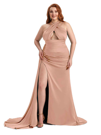 Rose Gold Satin Halter Long Bridesmaid Dress