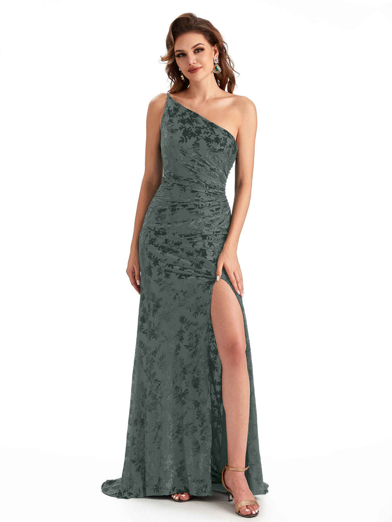 Sexy One Shoulder Side Slit Mermaid Lace Velvet Long Bridesmaid Dresses Online - ChicSew Sexy One Shoulder Side Slit Mermaid Lace Velvet Long Bridesmaid Dresses Online - ChicSew