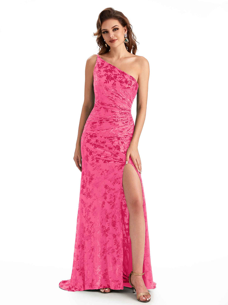 Sexy One Shoulder Side Slit Mermaid Lace Velvet Long Bridesmaid Dresses ...