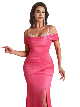 Elegant Cold Shoulder Mermaid Ruched Satin Long Bridesmaid Dresses Online Side Split