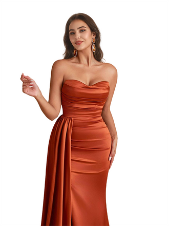 Sexy Mermaid Strapless Silky Satin Long Bridesmaid Dresses Side Slit