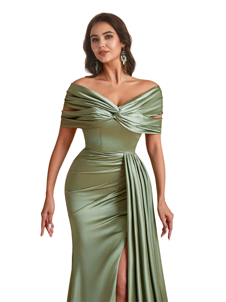 Elegant Off The Shoulder Mermaid Unique Satin Side Split Pleated Long Bridesmaid Dresses