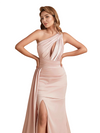 Sexy One Shoulder Soft Satin Mermaid Side Slit Pretty Long Bridesmaid Dresses Online