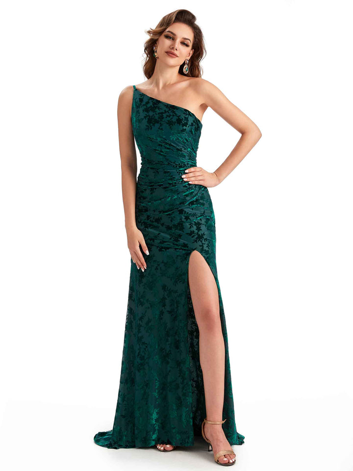Sexy One Shoulder Side Slit Mermaid Floral Velvet Long Wedding Guest Dresses