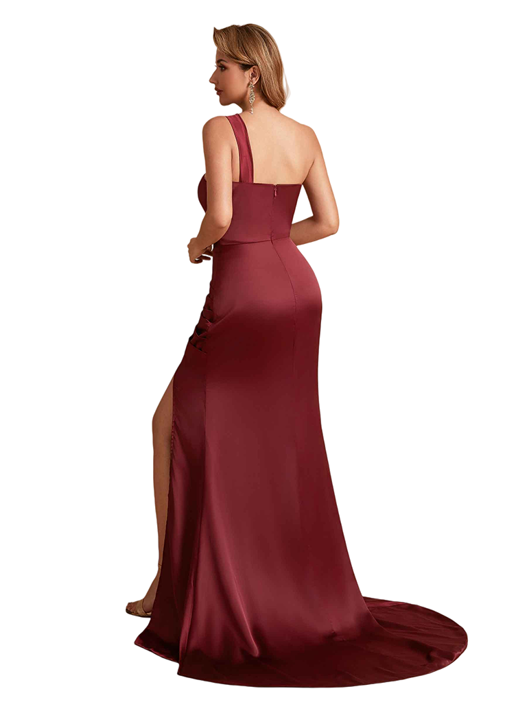 Sexy Soft Satin One Shoulder Mermaid Side Slit Pretty Long Bridesmaid Dresses
