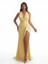 Sexy Halter V-Neck Side Slit Mermaid Wrap Satin Long Bridesmaid Dresses Online