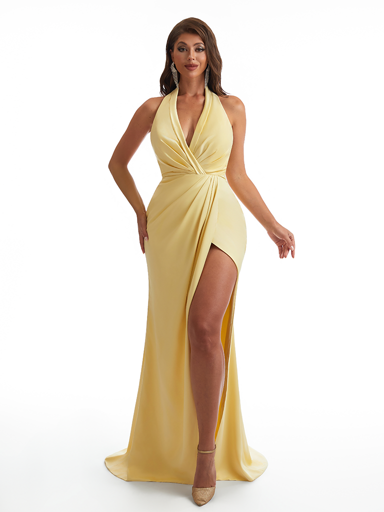 Sexy Halter V-Neck Side Slit Mermaid Wrap Satin Long Bridesmaid Dresses Online