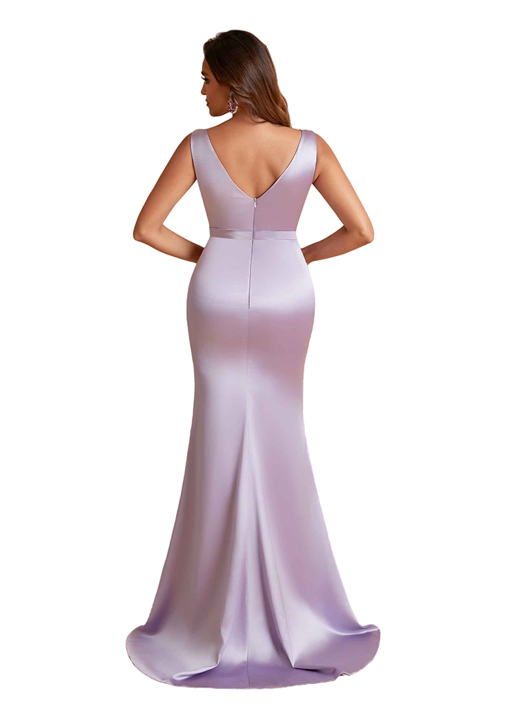 Elegant V-Neck Mermaid Silky Satin Unique Long Bridesmaid Dresses Side Slit