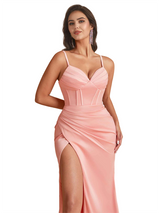 Sexy Spaghetti Straps Mermaid Silky Satin Unique Long Bridesmaid Dresses Side Slit