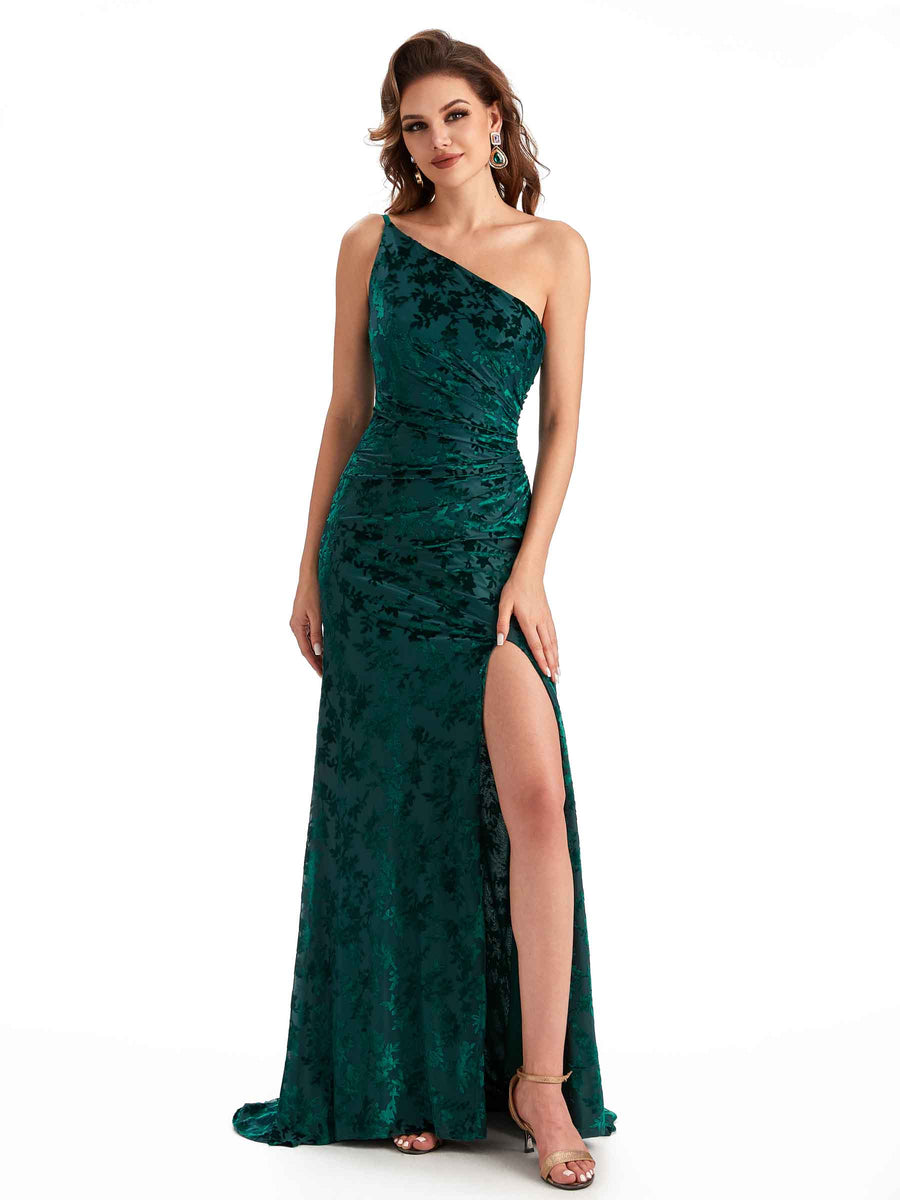 Sexy One Shoulder Side Slit Mermaid Floral Velvet Long Bridesmaid Dresses Online