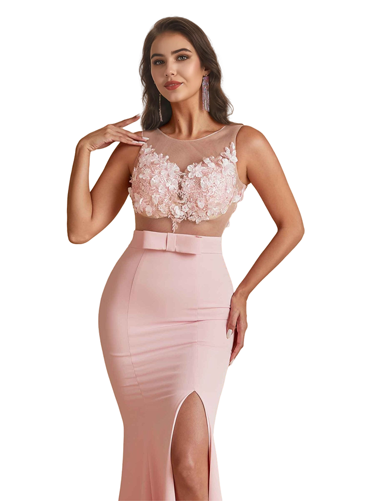 Elegant Two Piece Lace Top Side Split Mermaid Satin Long Bridesmaid Dresses Online