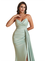 Sexy Mermaid Sweetheart Side Slit Ruched Silky Satin Unique Long Bridesmaid Dresses Online