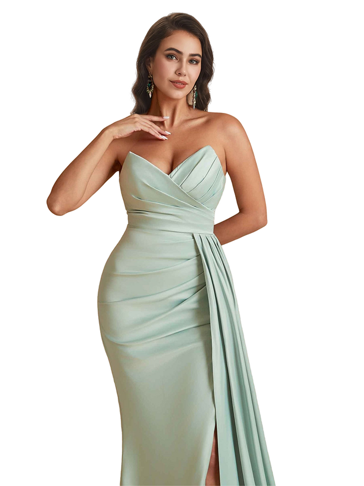 Sexy Mermaid Sweetheart Side Slit Ruched Silky Satin Unique Long Bridesmaid Dresses Online