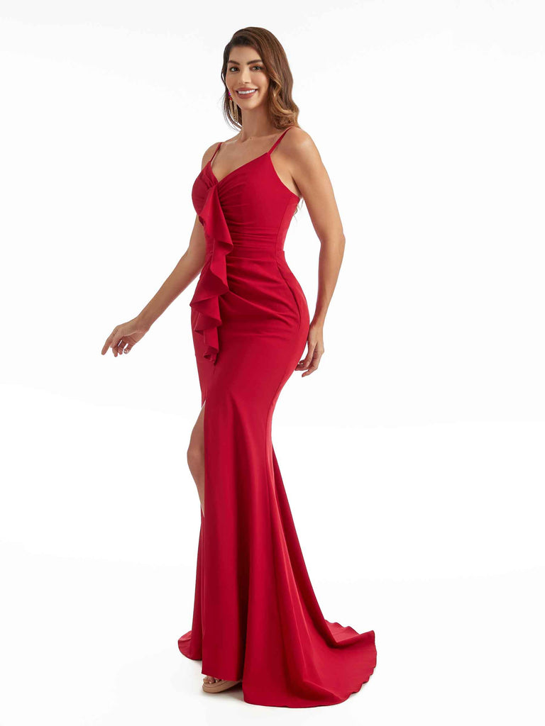 Sexy Side Split Stretch Crepe Ruffles Mermaid Spaghetti Strap Long Bridesmaid Dresses Online