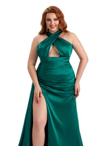 Plus Size Sexy Halter Side Slit Mermaid Soft Satin Long Bridesmaid Dress For Wedding