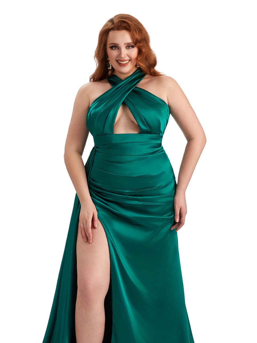 Plus Size Sexy Halter Side Slit Mermaid Soft Satin Long Bridesmaid Dress For Wedding