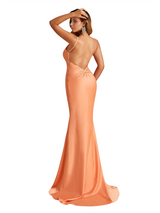 Simple V-Neck Spaghetti Straps Open Back Mermaid Soft Satin Long Bridesmaid Dresses