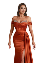 Sexy Off The Shoulder Beaded Mermaid Silky Satin  Long Bridesmaid Dresses Side Slit