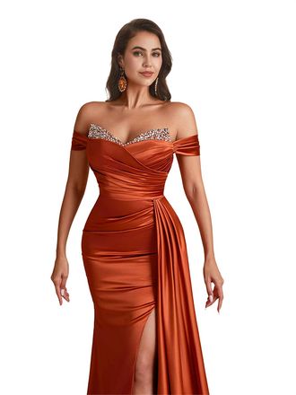 Sexy Off The Shoulder Beaded Mermaid Silky Satin  Long Bridesmaid Dresses Side Slit