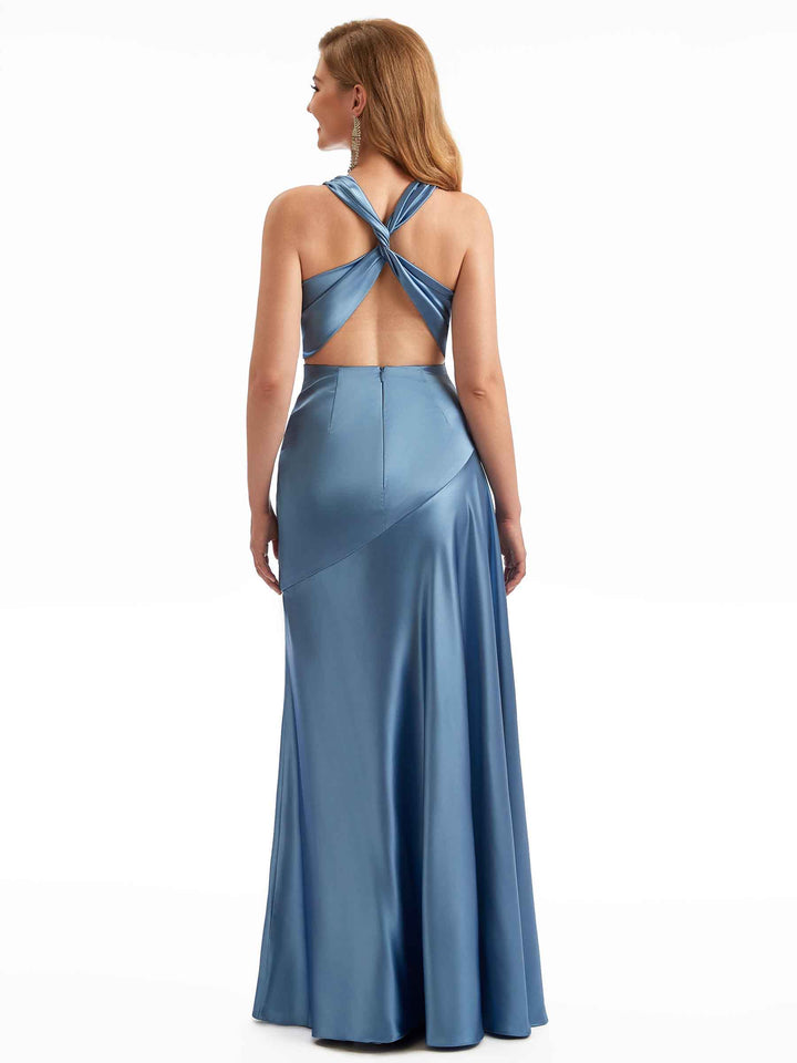 Sexy V-Neck Long Back Criss-Cross Satin Mermaid Wedding Guest Dresses Side Split
