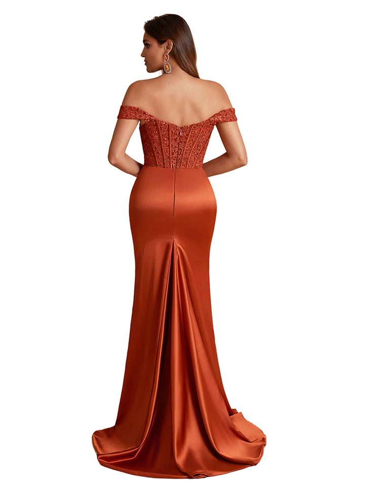 Sexy Satin Off The Shoulder Lace Mermaid Long Bridesmaid Dresses Slit