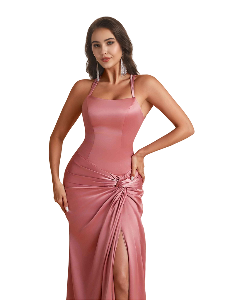 Elegant Mermaid Spaghetti Straps Silky Satin Long Bridesmaid Dresses Online Side Split
