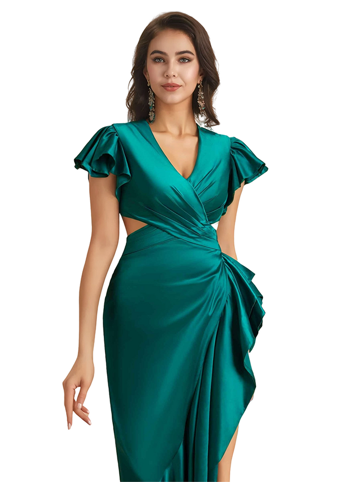 Sexy Cap Sleeves Ruffle Silky Satin Mermaid Side Slit Maxi Bridesmaid Dresses Online