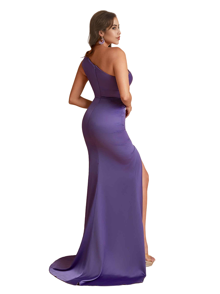 Sexy One Shoulder Mermaid Ruched Satin Unique Long Bridesmaid Dresses Side Split