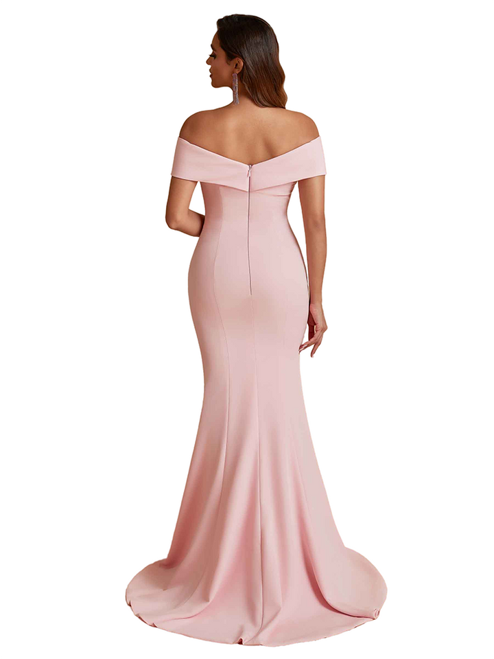 Elegant Off The Shoulder Side Split Mermaid Satin Unique Long Bridesmaid Dresses Online