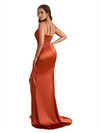 Modern One Shoulder Mermaid Ruched Satin Pretty Long Bridesmaid Dresses Side Split