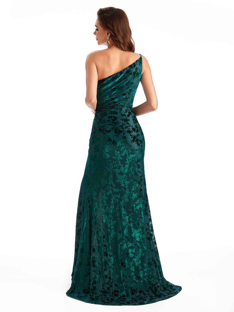 Sexy One Shoulder Side Slit Mermaid Floral Velvet Long Bridesmaid Dresses Online