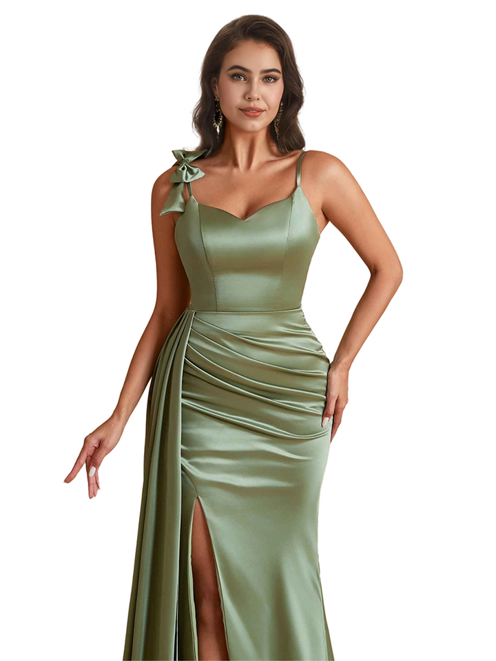 Elegant Mermaid Unique Satin Side Slit Long Bridesmaid Dresses Spaghetti Strap