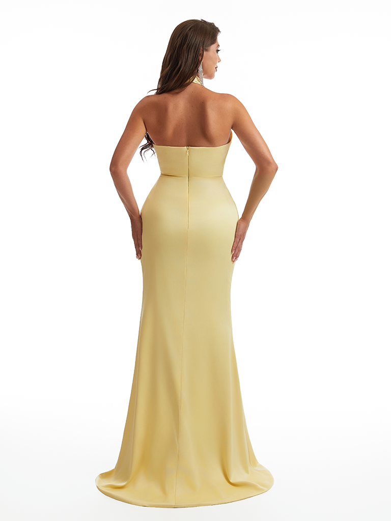 Sexy Halter V-Neck Side Slit Mermaid Wrap Satin Long Bridesmaid Dresses Online