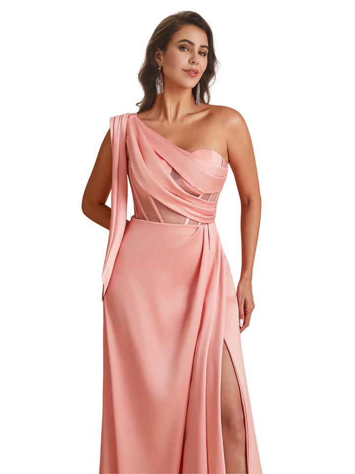 Sexy One Shoulder Boning Side Split Mermaid Ruched Satin Pretty Long Bridesmaid Dresses