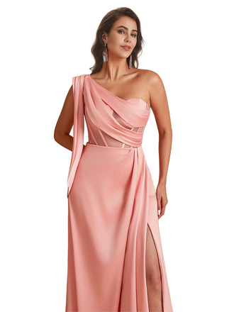 Sexy One Shoulder Boning Side Split Mermaid Ruched Satin Pretty Long Bridesmaid Dresses