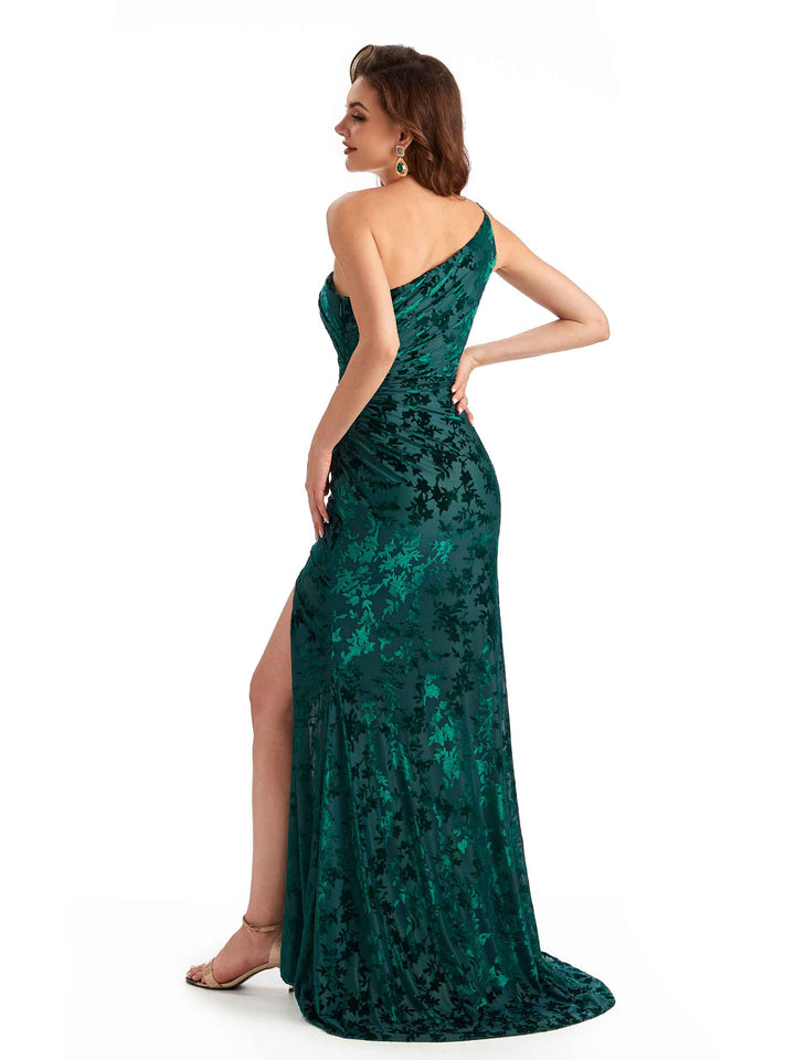 Sexy One Shoulder Side Slit Mermaid Floral Velvet Long Wedding Guest Dresses