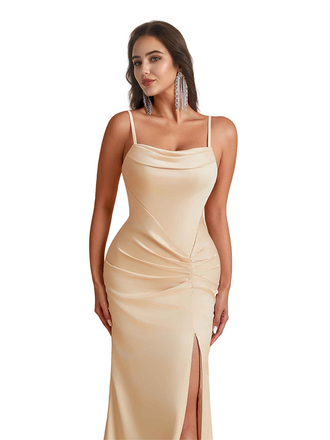 Elegant Mermaid Silky Satin Long Bridesmaid Dresses Online Spaghetti Straps Side Split