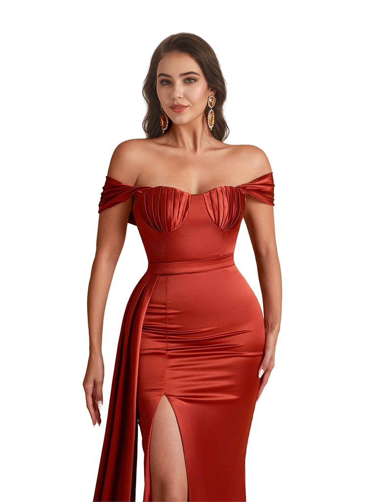 Sexy Off The Shoulder Unique Satin Mermaid Long Bridesmaid Dresses Side Split