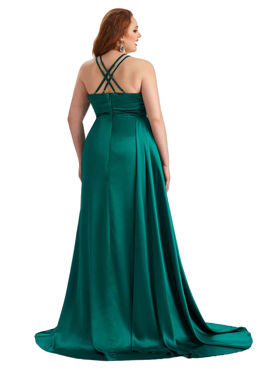 Plus Size Sexy Halter Side Slit Mermaid Soft Satin Long Bridesmaid Dress For Wedding