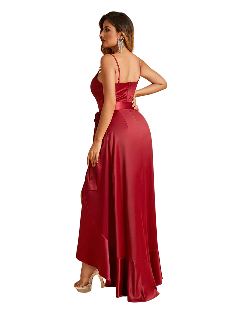Sexy V-Neck Spaghetti Straps A-Line High Low Soft Satin Long Bridesmaid Dresses