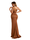 Elegant One Shoulder Mermaid Soft Satin Side Slit Long Bridesmaid Dresses