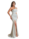 Unique One Shoulder Side Split Mermaid Silky Satin Long Bridesmaid Dresses Online
