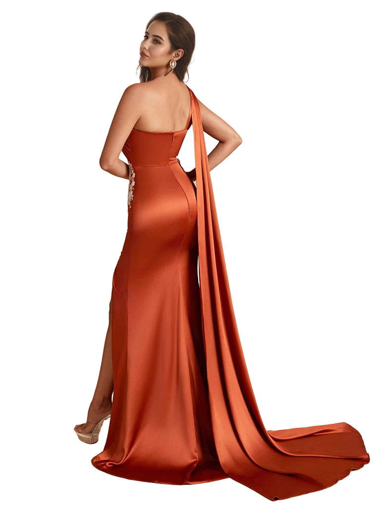 Sexy One Shoulder Lace Unique Satin Mermaid Long Bridesmaid Dresses Side Split