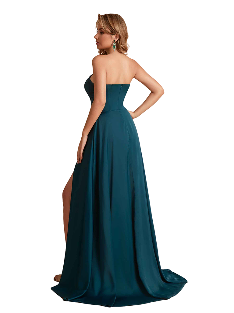 Elegant Silky Satin Strapless Sweetheart A-Line Side Slit Floor Length Bridesmaid Dresses