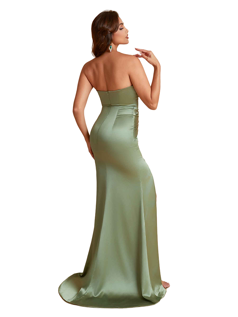 Sexy Strapless Mermaid Ruched Satin Long Bridesmaid Dresses Online Side Split