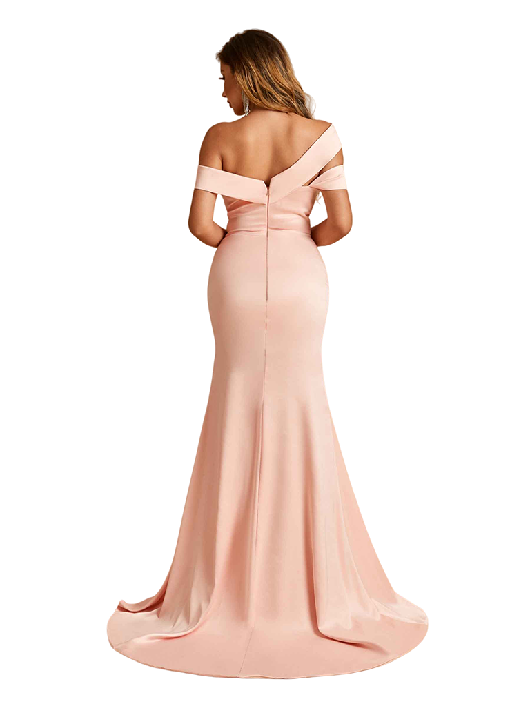 Elegant Off The Shoulder Side Slit Mermaid Soft Satin Beauty Long Bridesmaid Dresses